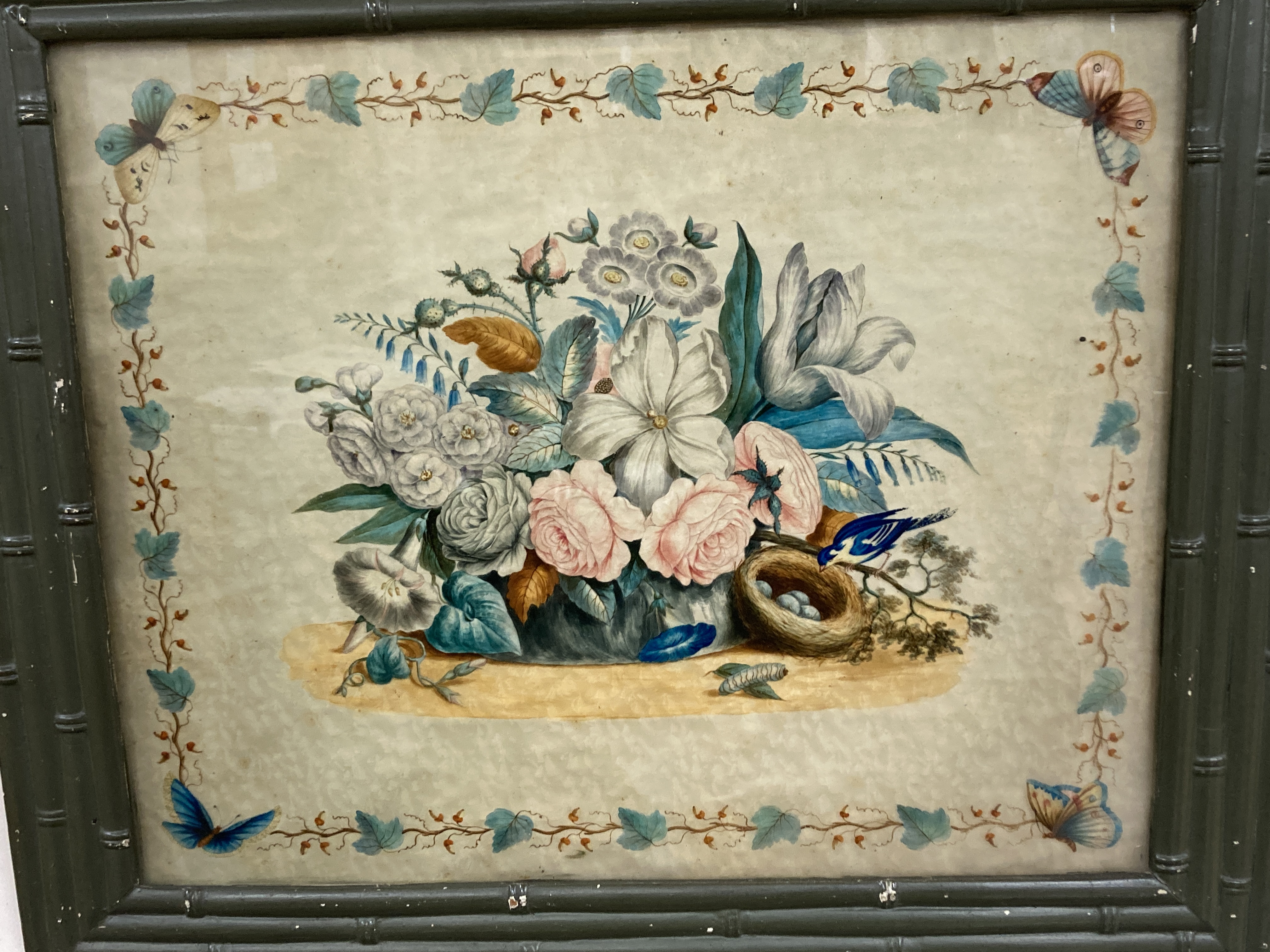 French School circa 1880, A pair of reverse paintings on glass, Still lifes of flowers, birds and fruit, 42 x 52cm